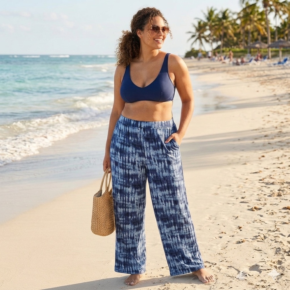 Blue Tie Dye Wide Leg Pants 2XT Tall Plus Size Coastal Beach Resort‎ Relaxed